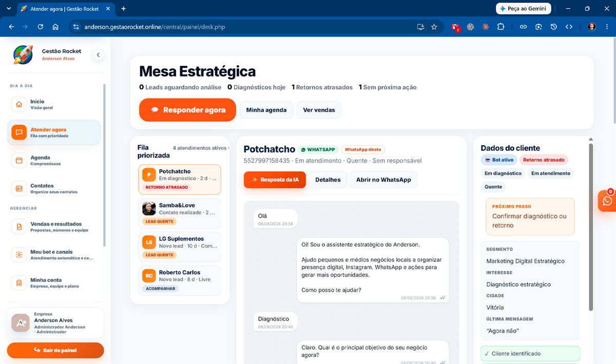 Painel Mesa Estratégica do Gestão Rocket, com fila priorizada e resposta pronta gerada por IA